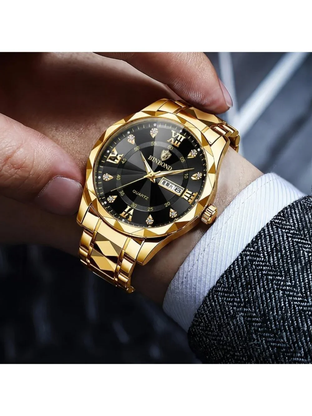 Men Gold And Black Analog Stainless Steel Roman Numeral Diamond Waterproof Watch